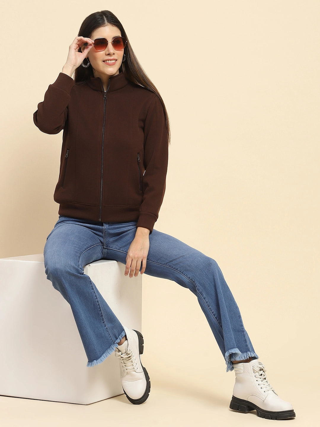 Coffee Brown Poly Blend Solid Relaxed Fit Sweat Shirt