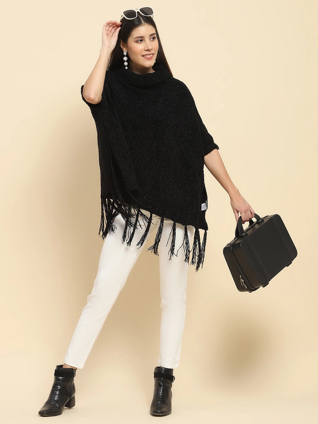 Black Poly Blend Solid Knit Loose Fit Poncho