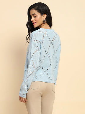 Blue Acrylic Relaxed Fit Pullover For Winter