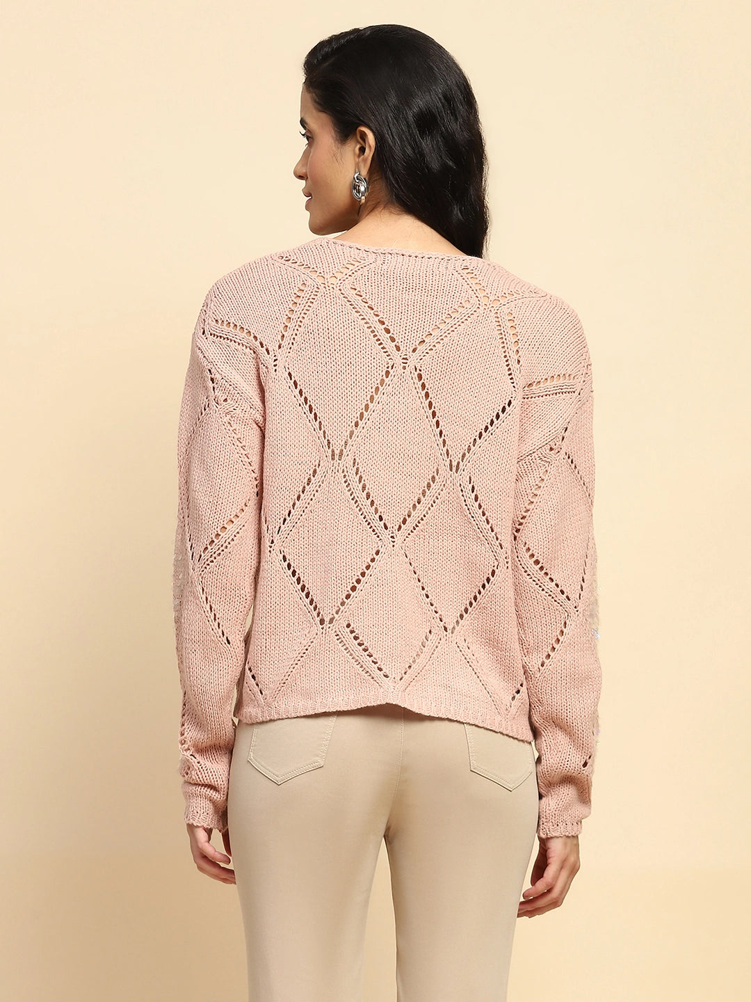 Dusty Pink Acrylic Relaxed Fit Pullover For Winter