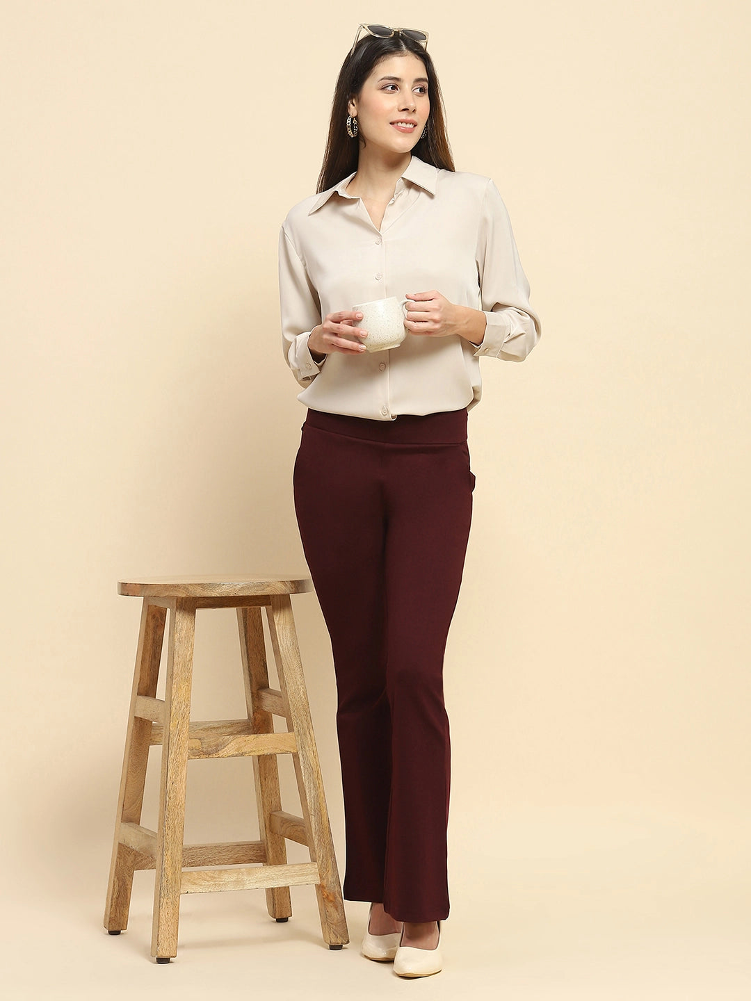 Wine Poly Blend Solid Bootcut Stretchable Slim Fit Trouser