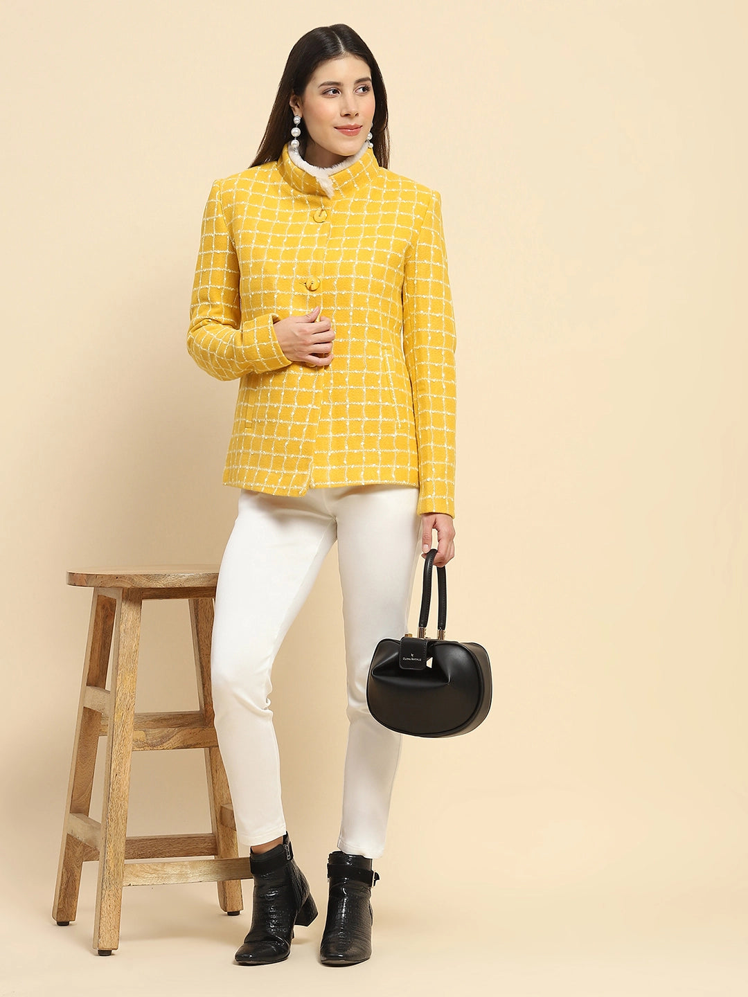 Mustard Poly Acrylic Checkered Regular Fit Coat For Winter