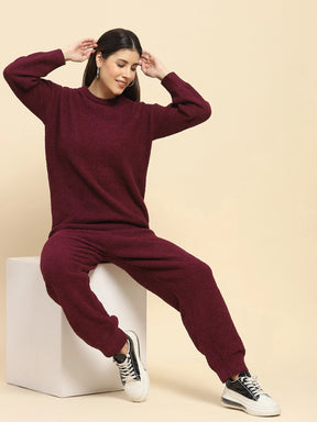 Mauve Poly Blend Solid Relaxed Fit Lounge Wear For Winter