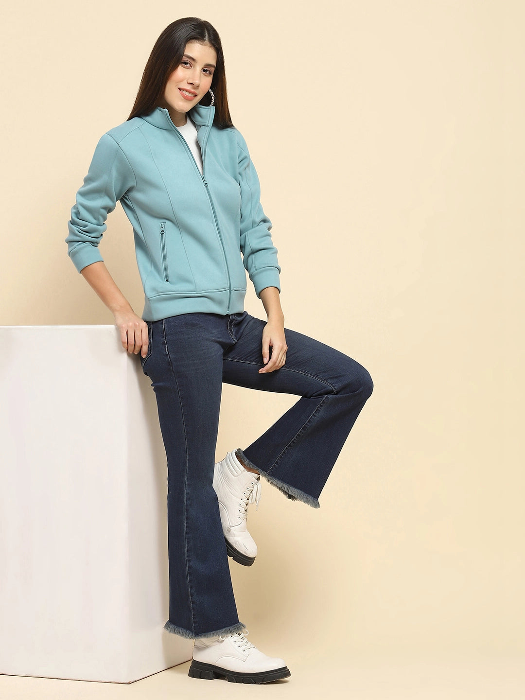 Stone Blue Poly Blend Solid Relaxed Fit Sweat Shirt