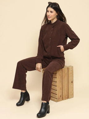 Coffee Poly Blend Solid Relaxed Fit Co-Ord Sets