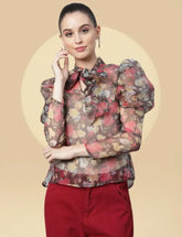 Women Puffed Sleeves Floral Printed Brown Blouson Top