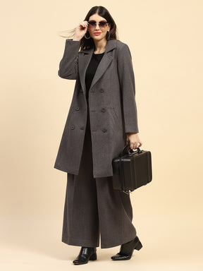 Dark Grey Solid Poly Viscose Relaxed Fit Coat With Trouser Winter Set