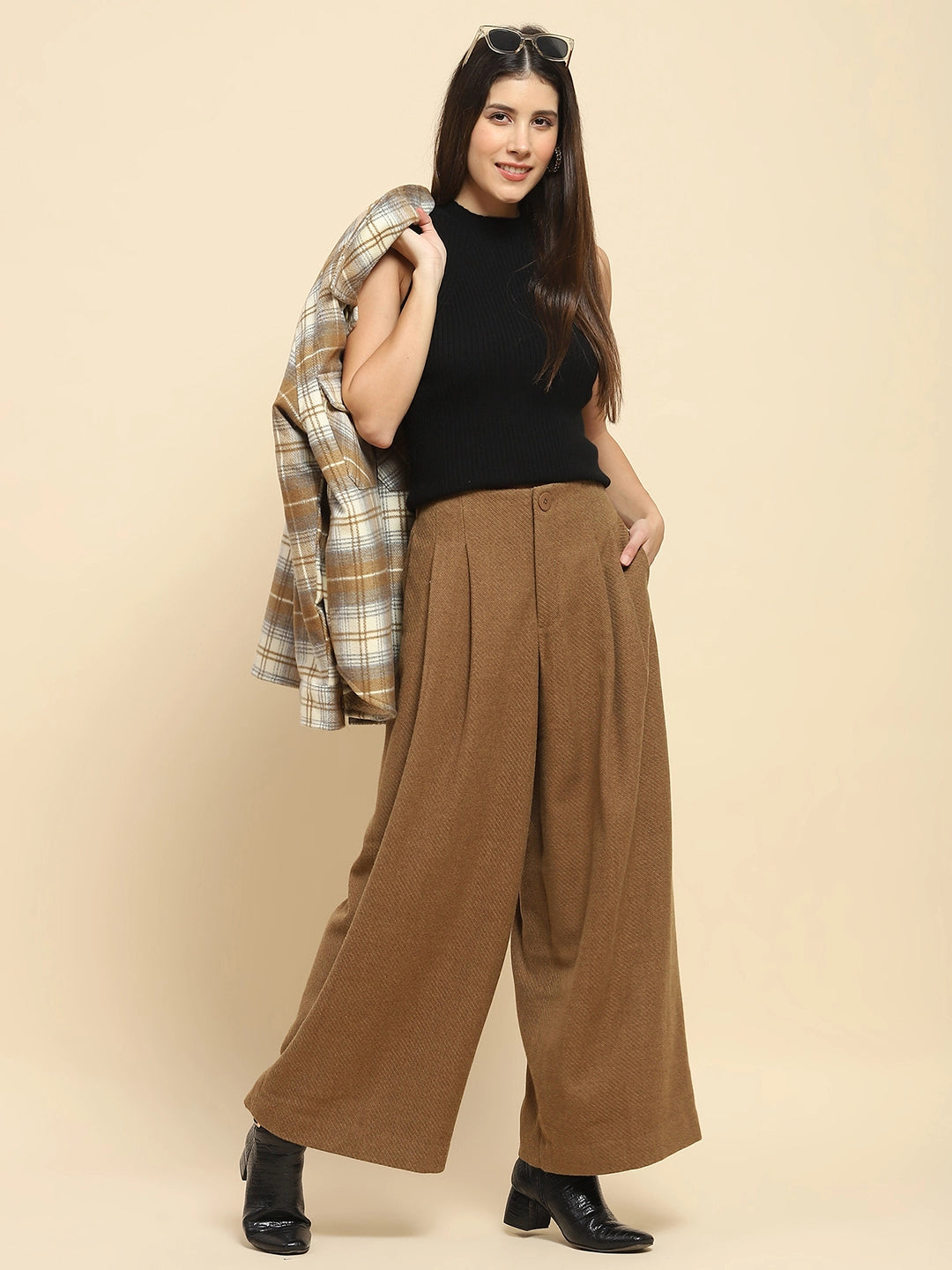 Brown Poly Viscose Stripes Textured  Loose Fit Trouser