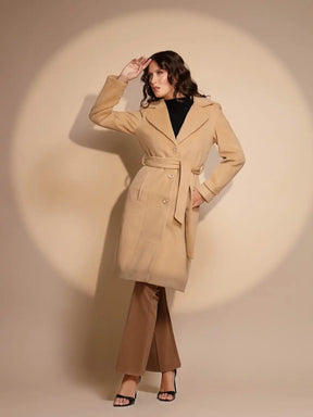 Women's Solid Collared Neck Brown Coat