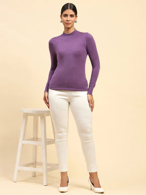 Mauve Solid Poly Blend High Neck Skivvy Pullover