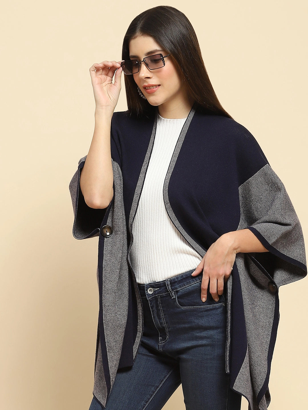 Navy Blue Poly Blend Printed Loose Fit Winter Shrug