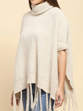 Beige Poly Blend Solid Knit Loose Fit Poncho