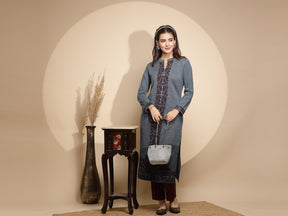 Blue Printed Full Sleeve Round With V- Neck Woolen Kurta For Women