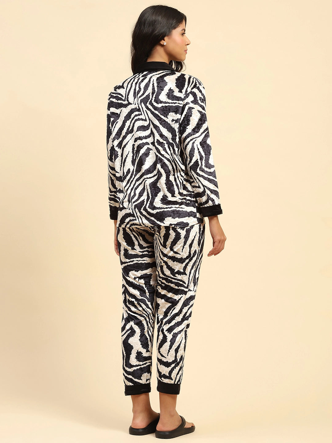 Black Zebra Print Poly Blend Relaxed Fit Night Suit