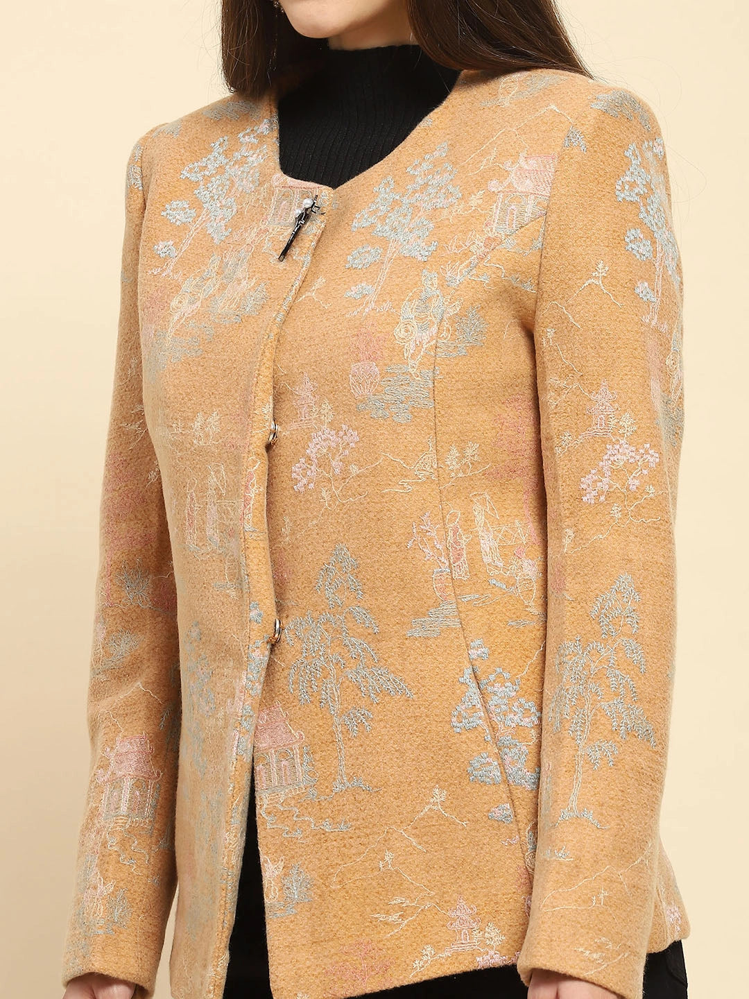 Tan Brown Poly Acrylic Thread Embroidered Regular Fit Coat For Winter