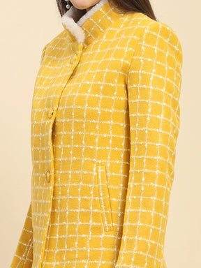 Mustard Poly Acrylic Checkered Regular Fit Coat For Winter