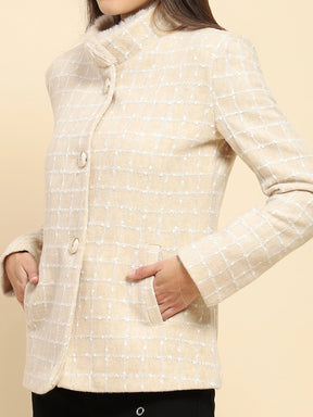 Natural Beige Poly Acrylic Checkered Regular Fit Coat For Winter