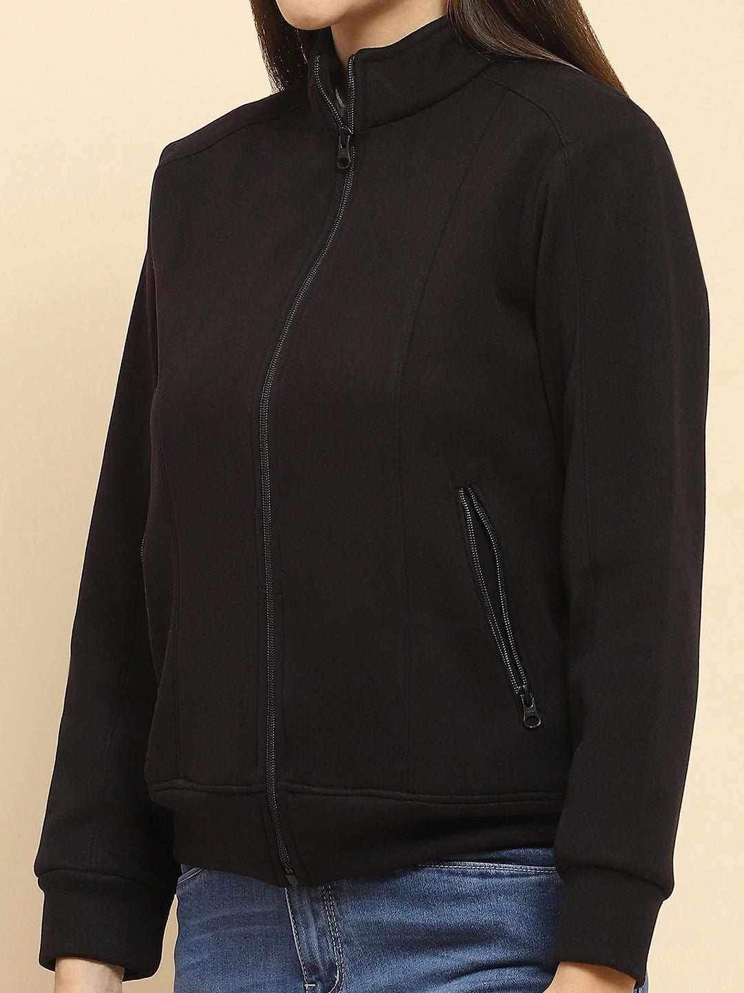 Black Poly Blend Solid Relaxed Fit Sweat Shirt