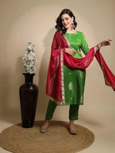 Green Foil Printed Silk Kurta Bottom Set With Dupatta