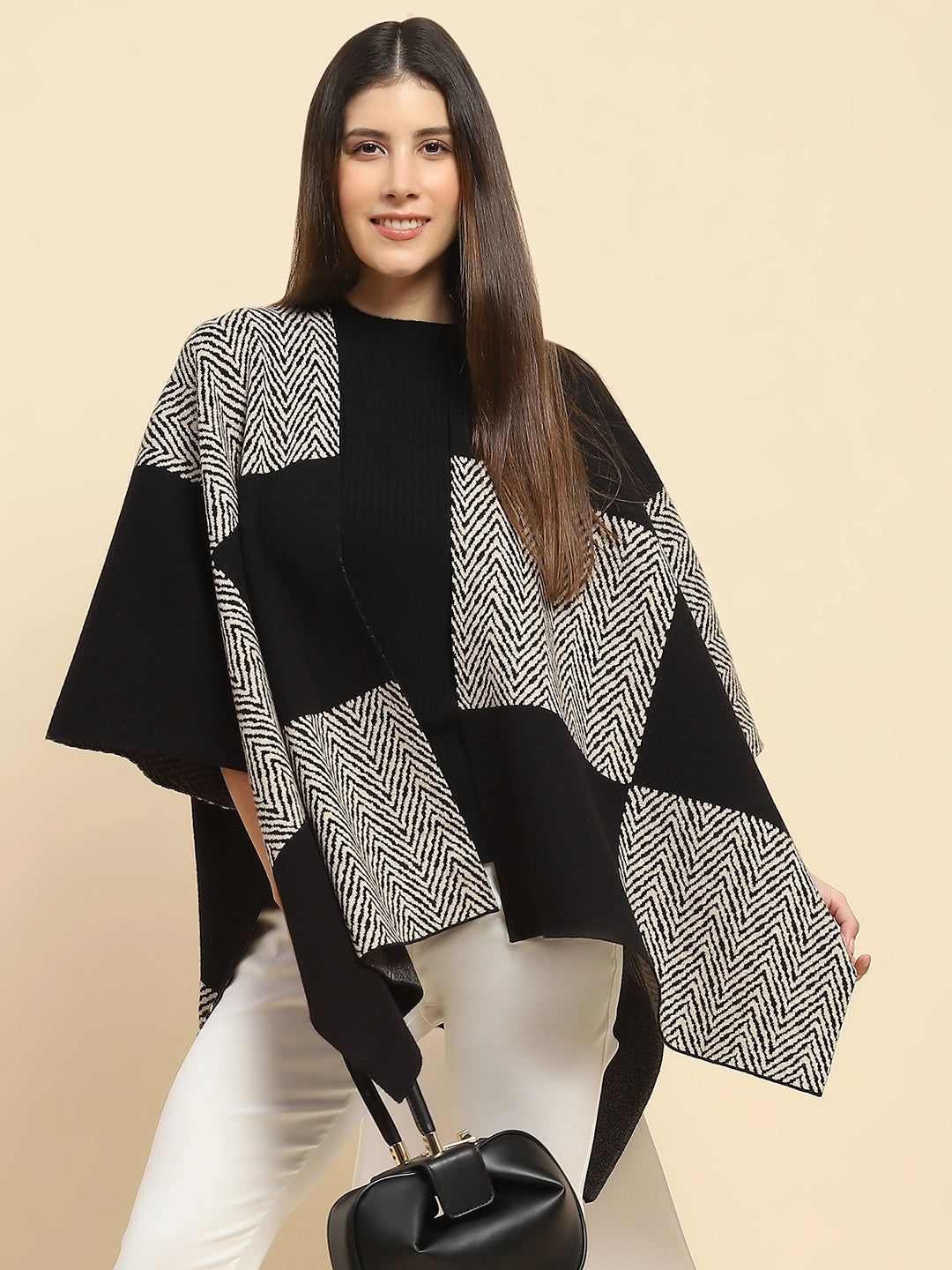 Black Poly Blend Color Block Loose Fit Winter Shrug