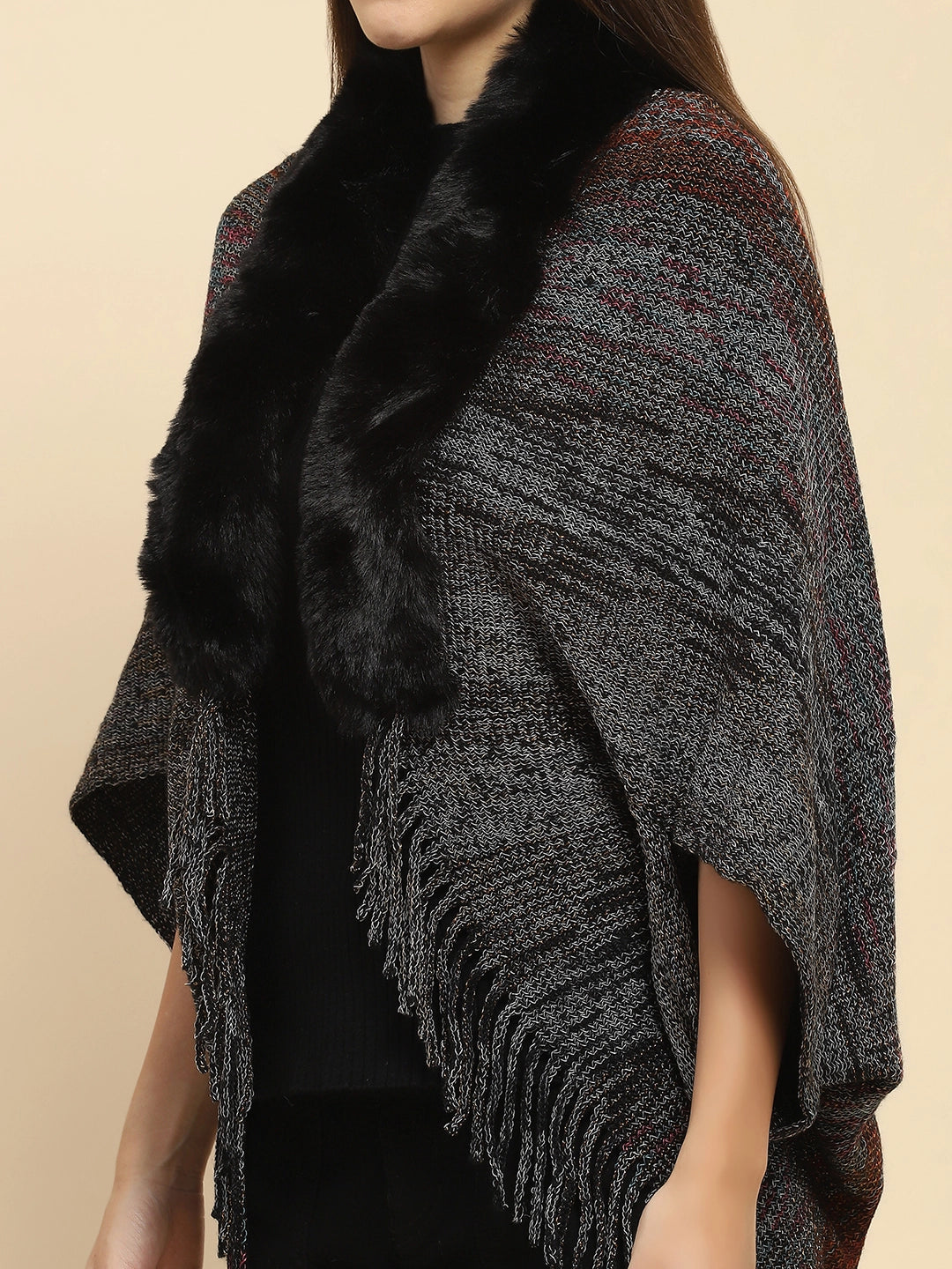 Black Mélange Acrylic Knitted Relaxed Fit Cape