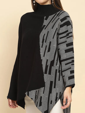 Black Poly Blend Knit Print Relaxed Fit Pullover