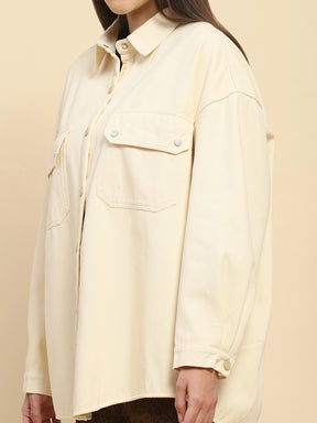 Off White Cotton Solid Oversized Shacket With Fleece Lining For Winter