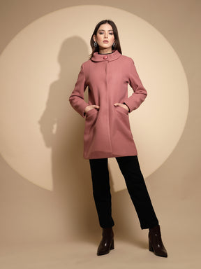 Women Pink Solid High Neck Full Sleeve Loose fit Coat