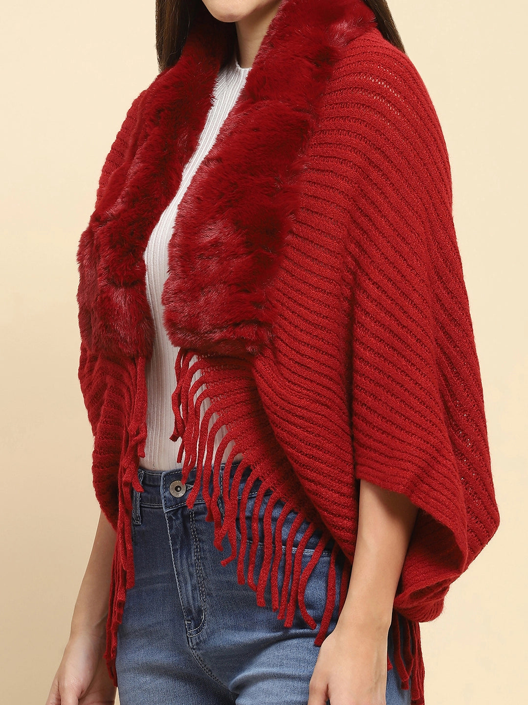 Maroon Acrylic Knitted Relaxed Fit Cape