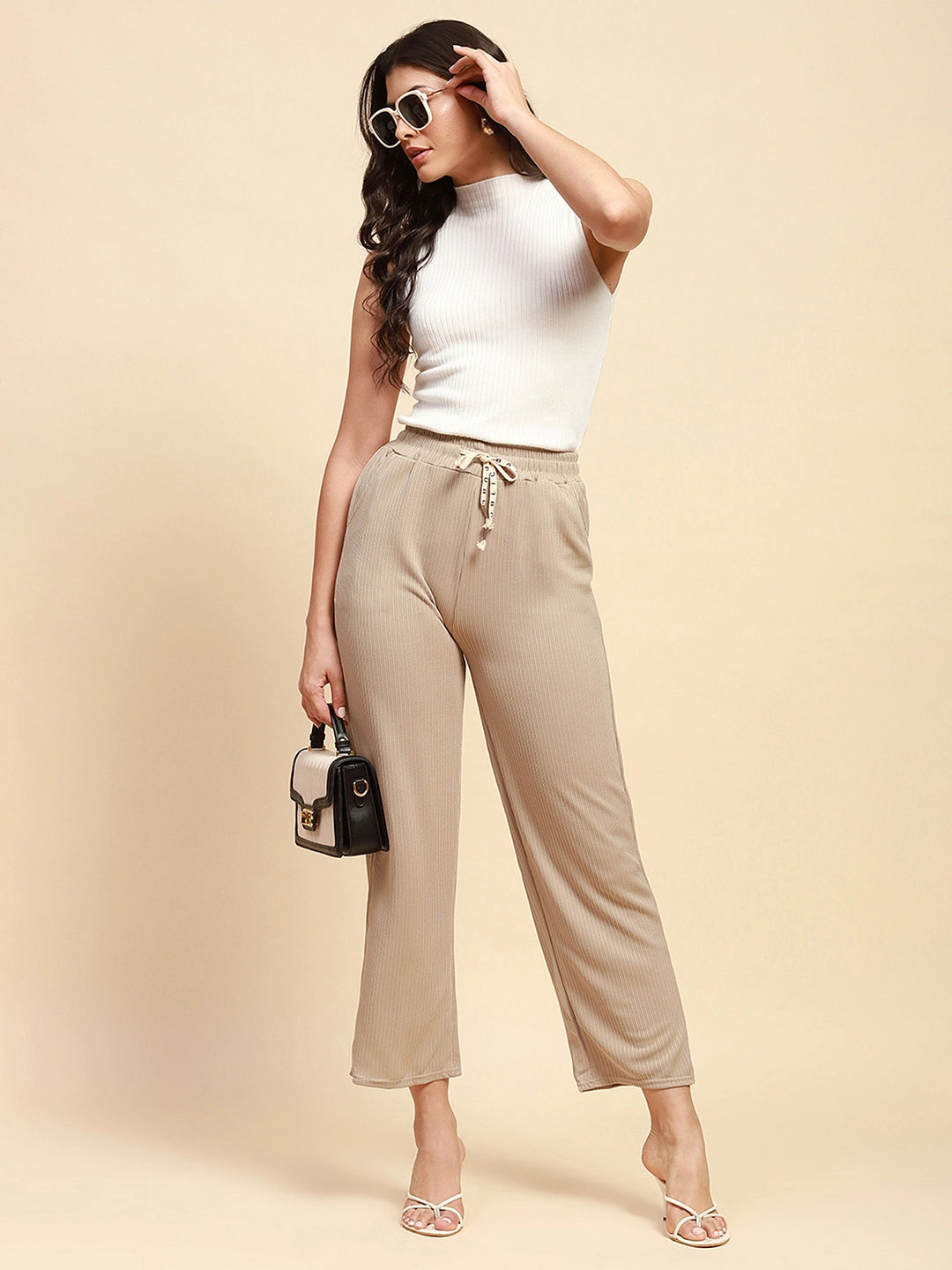 Beige Poly Blend Relaxed Fit Lower For Women