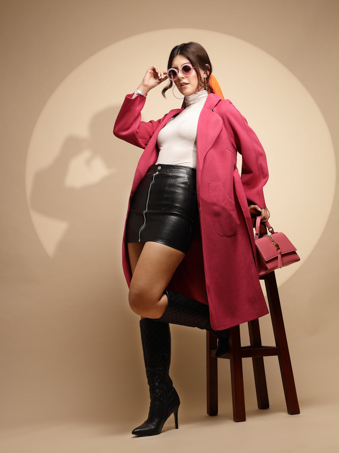 Women Pink Solid Collared Neck Full Sleeve Suede Long Wrap Coat