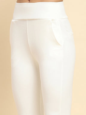 White Poly Blend Solid Bootcut Stretchable Slim Fit Trousers