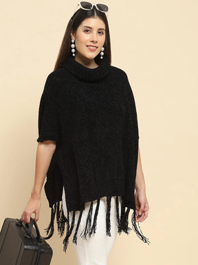 Black Poly Blend Solid Knit Loose Fit Poncho