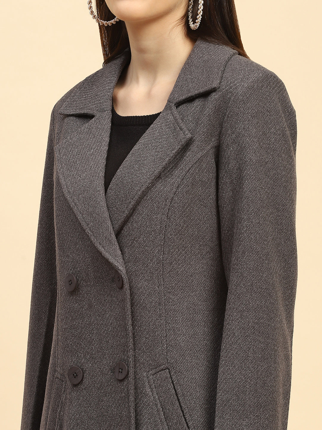 Dark Grey Solid Poly Viscose Relaxed Fit Coat With Trouser Winter Set