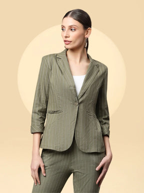 Women Olive Green & White Vertical Lines Formal Blazer