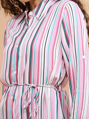 Women Straight Fit Pink & Multi Color Vertical Lines Tunic