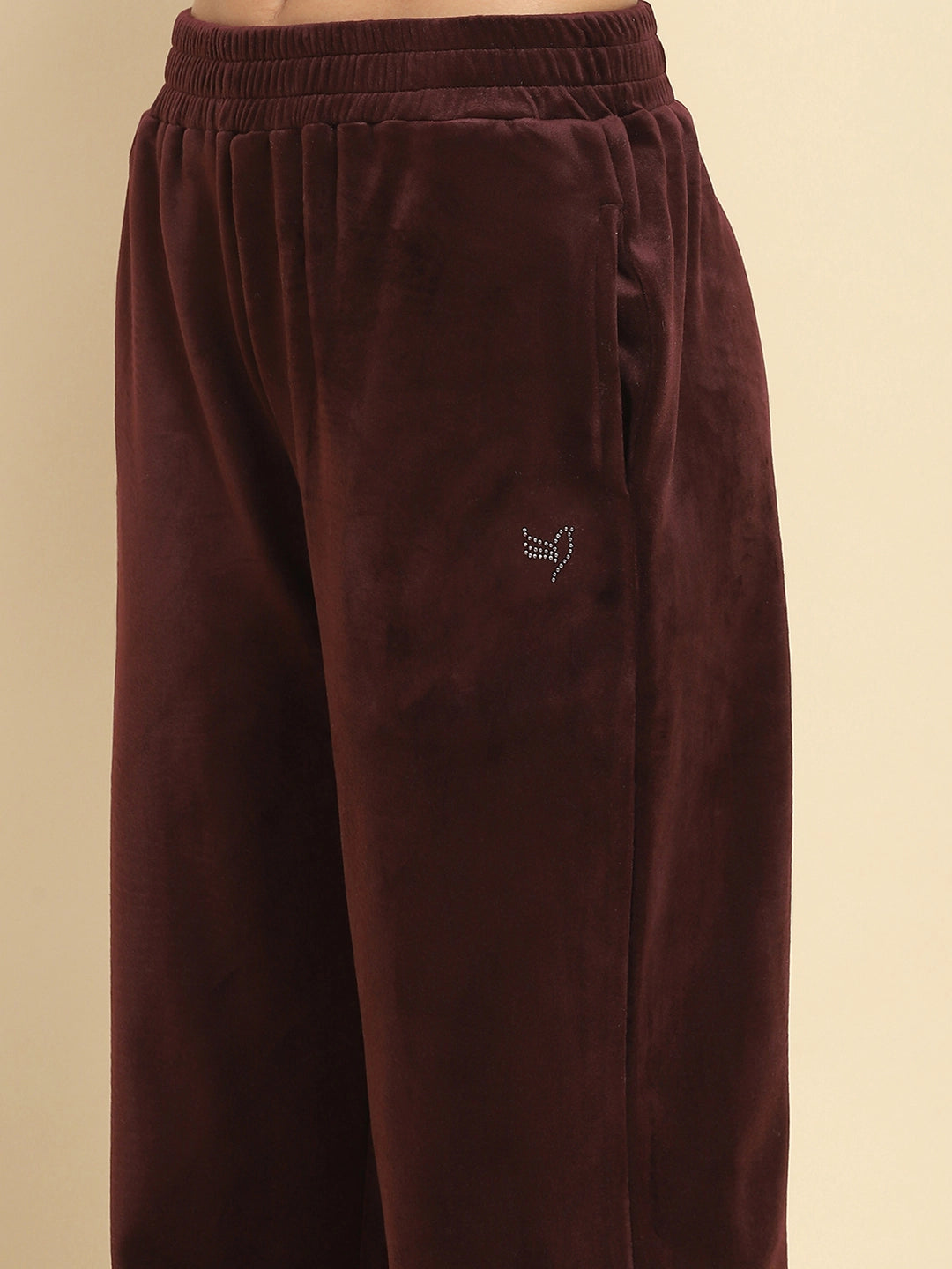 Burgundy Velvet Solid Relaxed Fit Night Suit Set For Winter