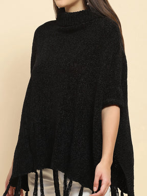 Black Poly Blend Solid Knit Loose Fit Poncho