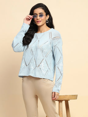 Blue Acrylic Relaxed Fit Pullover For Winter