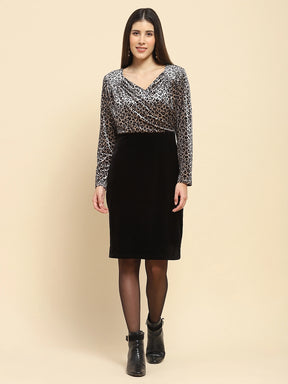 Grey Velvet Leopard Print Slim Fit Dress