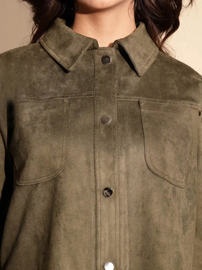 Olive Solid Full Sleeve Collared Neck Suede Shacket