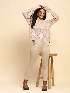 Dusty Pink Acrylic Relaxed Fit Pullover For Winter