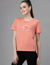 Women Regular Fit Round Neck Printed Peach Top