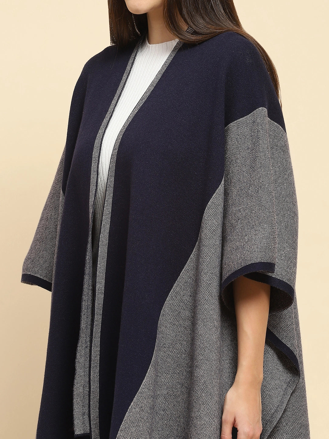 Navy Blue Poly Blend Printed Loose Fit Winter Shrug