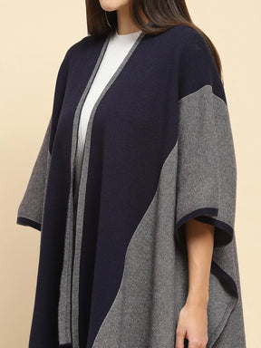 Navy Blue Poly Blend Printed Loose Fit Winter Shrug