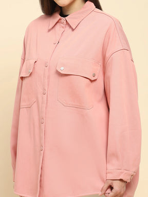 Pink Cotton Solid Oversized Shacket With Fleece Lining For Winter