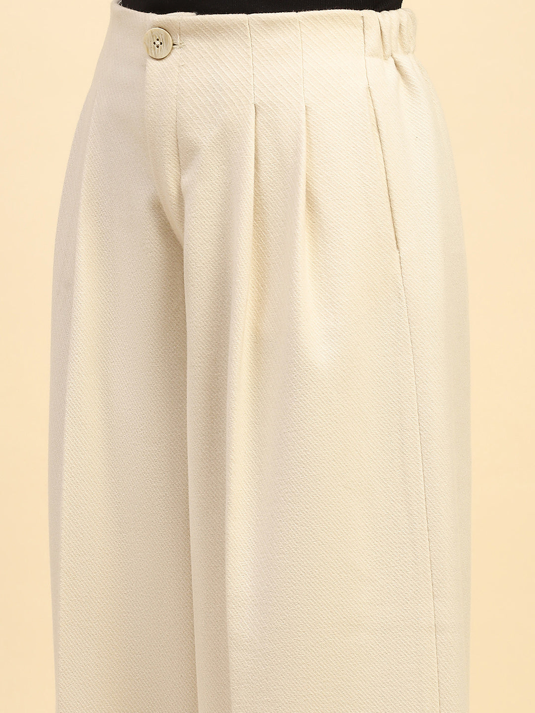 Cream Solid Poly Viscose Relaxed Fit Coat With Trouser Winter Set