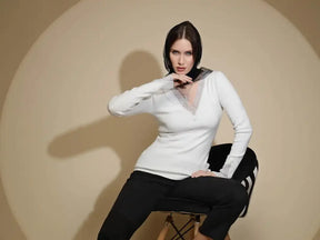 White Embellished Full Sleeve V-Neck Acrylic Pullover Sweater