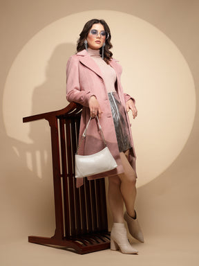 Women Dusty Pink Solid Collared Neck Full Sleeve Woolen Long Coat