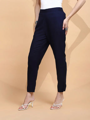 Navy Blue Rayon Regular Fit Pants For Women